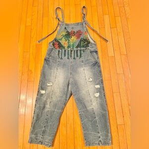 YESNO Women Loose Fit Denim Dungarees Casual‎ Printed Baggy / Size Small-Medium